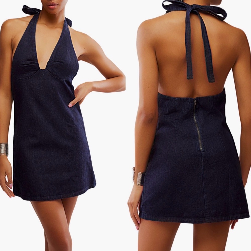 NWT FREE PEOPLE TREVI denim Navy Halter Backless Mini Dress L